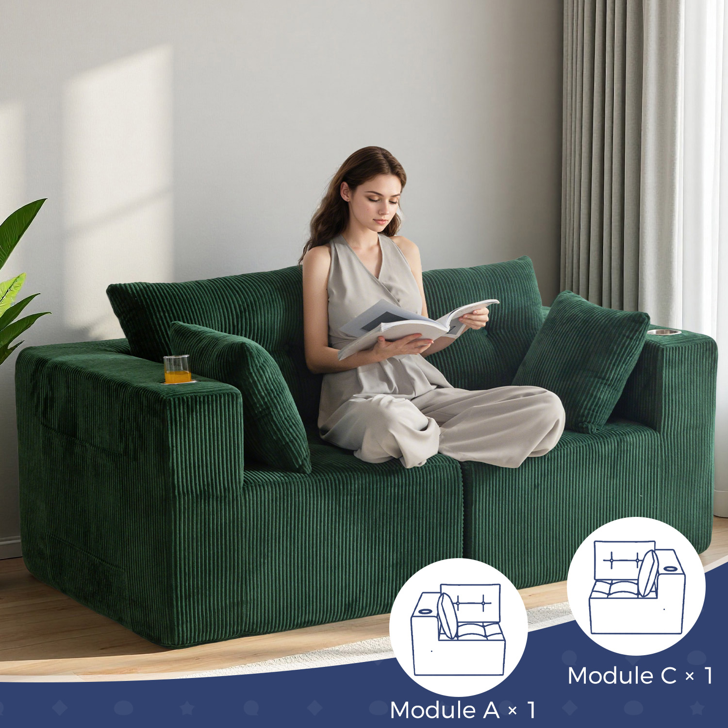 BYBYME 73"Oversized Loveseat Couch,2 Seat Sectional Corduroy Tufted Sofa,Upholstered Symmetrical Cloud Couch with Double Chaise,Wrap Around Sofa for Living Room Apartment Office,Sofa in A Box,Green