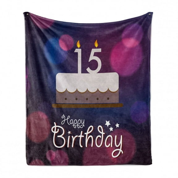 15th Birthday Soft Flannel Fleece Throw Blanket, Number 15 Burning Candles on Cake with Abstract Display, Cozy Plush for Indoor and Outdoor Use, 50" x 60", Blue Pink White, by Ambesonne