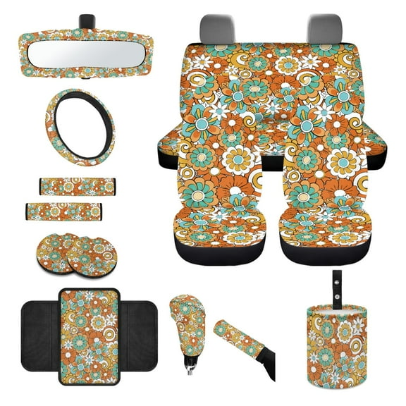 Renewold Hippie Flower Orange Cyan Car Seat Covers Full Set, Groovy Flower Steering Wheel Safe Belt Pads Handbrake Cover Set Coasters Garbage Container Rear View Mirror Center Console Pad, Set of 14