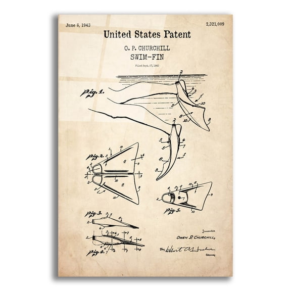Epic Art 'Swim Fin Blueprint Patent Parchment,' Acrylic Glass Wall Art, 16"x24"