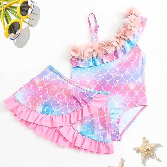 Girls Swimsuits Mermaid Print Ruffled One Piece Swimsuit Skirt 2 Piece Set Beach Size 3-4Y
