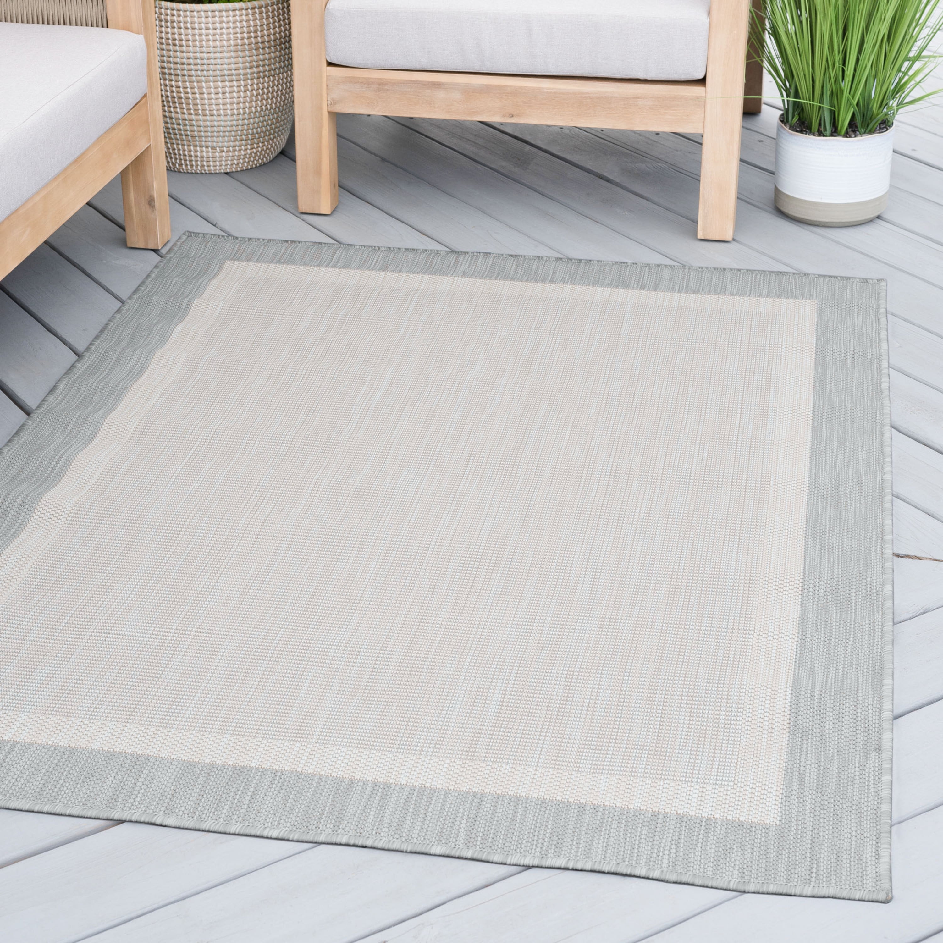 Bliss Rugs Solid Border Indoor Outdoor Rug Water Resistant Runner Rug for Patio, Hallway, Entryway, Deck, Gray ,2' x 8'