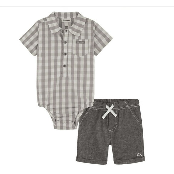 Calvin Klein Baby Boys Woven Check Short Sleeve Poplin Bodysuit and Chambray Shorts, 2 Piece Set - Gray