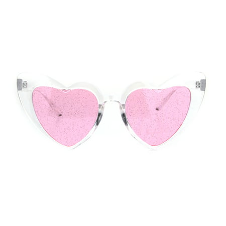 Womens Glitter Lens Heart Shape Plastic Valentine Cat Eye Sunglasses Clear Pink