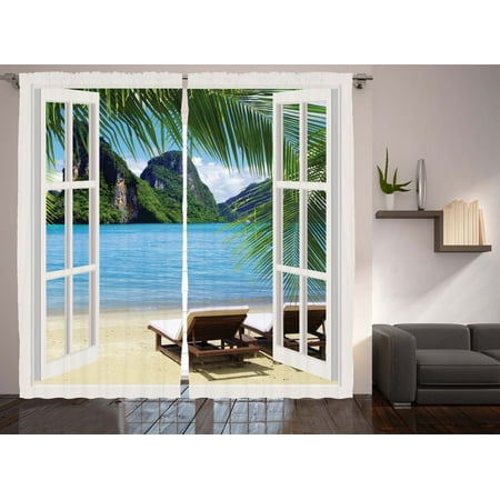 Nautical Window Curtains - Nautical Palm Tree Decor Ocean Living Room Curtains 2 Panels Set 108x90 Inches