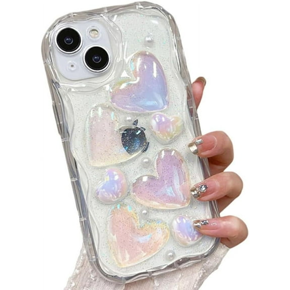 for iPhone Case,Cute Glitter Blu-ray 3D Bubble Love Heart Soft Silicone Soft Shockproof Cover Phone Case (White,iPhone 15)