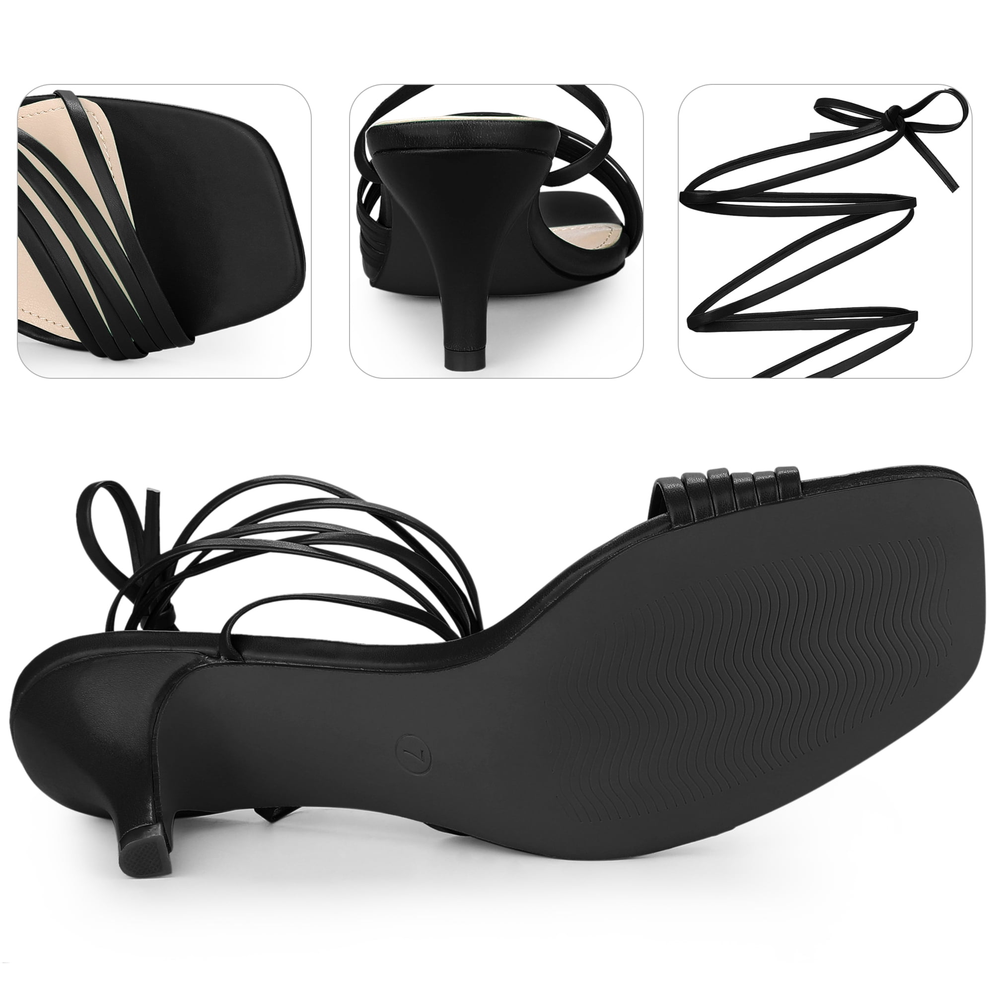 Unique Bargains Women's Square Toe Strappy Lace Up Kitten Heels Sandals
