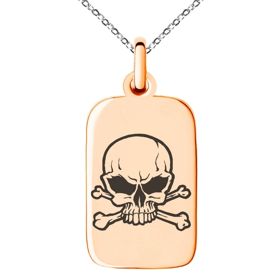 Stainless Steel Pirate Skull & Crossbones Engraved Small Rectangle Dog Tag Charm Pendant Necklace
