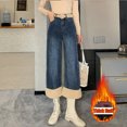 thumbnail image 2 of Pantalones vaqueros de terciopelo grueso para mujer, pantalones vaqueros de pierna ancha cálidos informales con costuras de lana de cordero de imitación, informales, de cintura alta, para invierno, 2 of 5