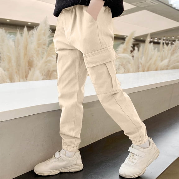 YMNXA Big Kids Boys Cargo Pants Elastic Waist Pure Color Tapered Ankle Comfortable Stylish Jogger Trousers With Pockets For Outdoor School Wear,Beige,8-9 Years
