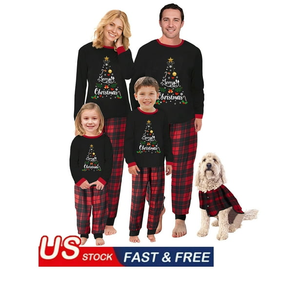 Christmas Pajamas Family Christmas Pjs Matching Sets for Adult Teen Baby and Dog Print Long Sleeve Tops and Plaid Pants Sleepwear