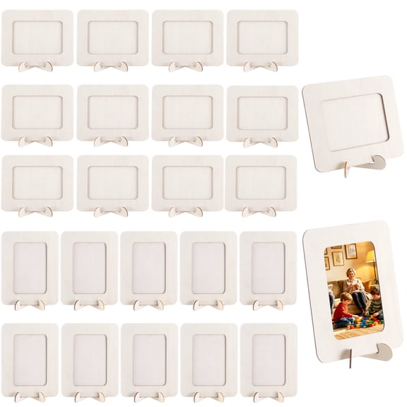 24 PCS Unfinished Wooden Picture Frames with Stand, DIY Horizontal Wood Craft, Paintable Photo Holder for Tabletop Display, Bulk Set with Double-Sided Adhesive Tape