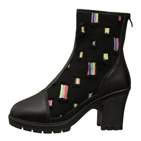 OJSFQUFP Women Ankle Boots Heel Stitching Short Barrel Round Toe Rear Zipper Fashionable Ladies Boots Comfortable Fall Shoes Boots for Women Wide Black 37