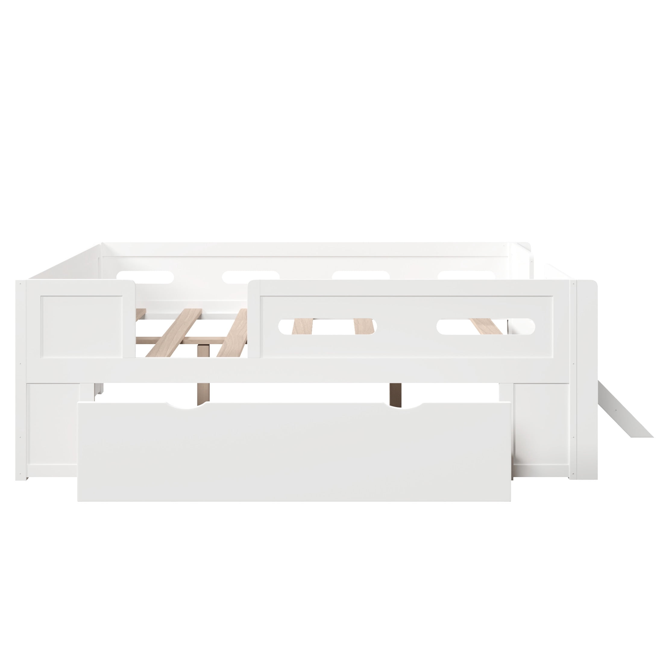 Noble House Genrix Full Size Pine Wood Platform Bed with Guardrail and Storage Drawer, Kids Bed Frame, White