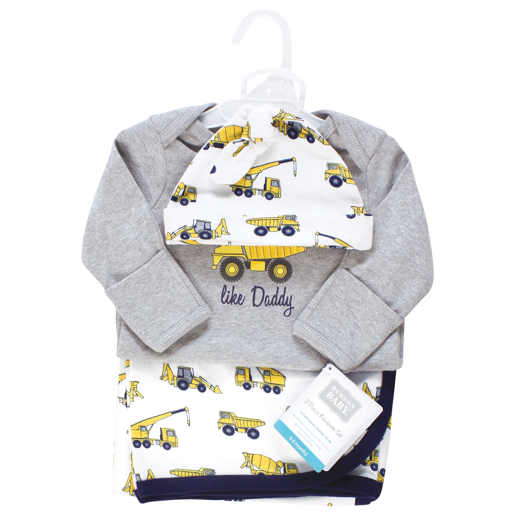 Hudson Baby Infant Boy Gown, Swaddle Blanket and Cap or Headband, Construction, 0-6 Months