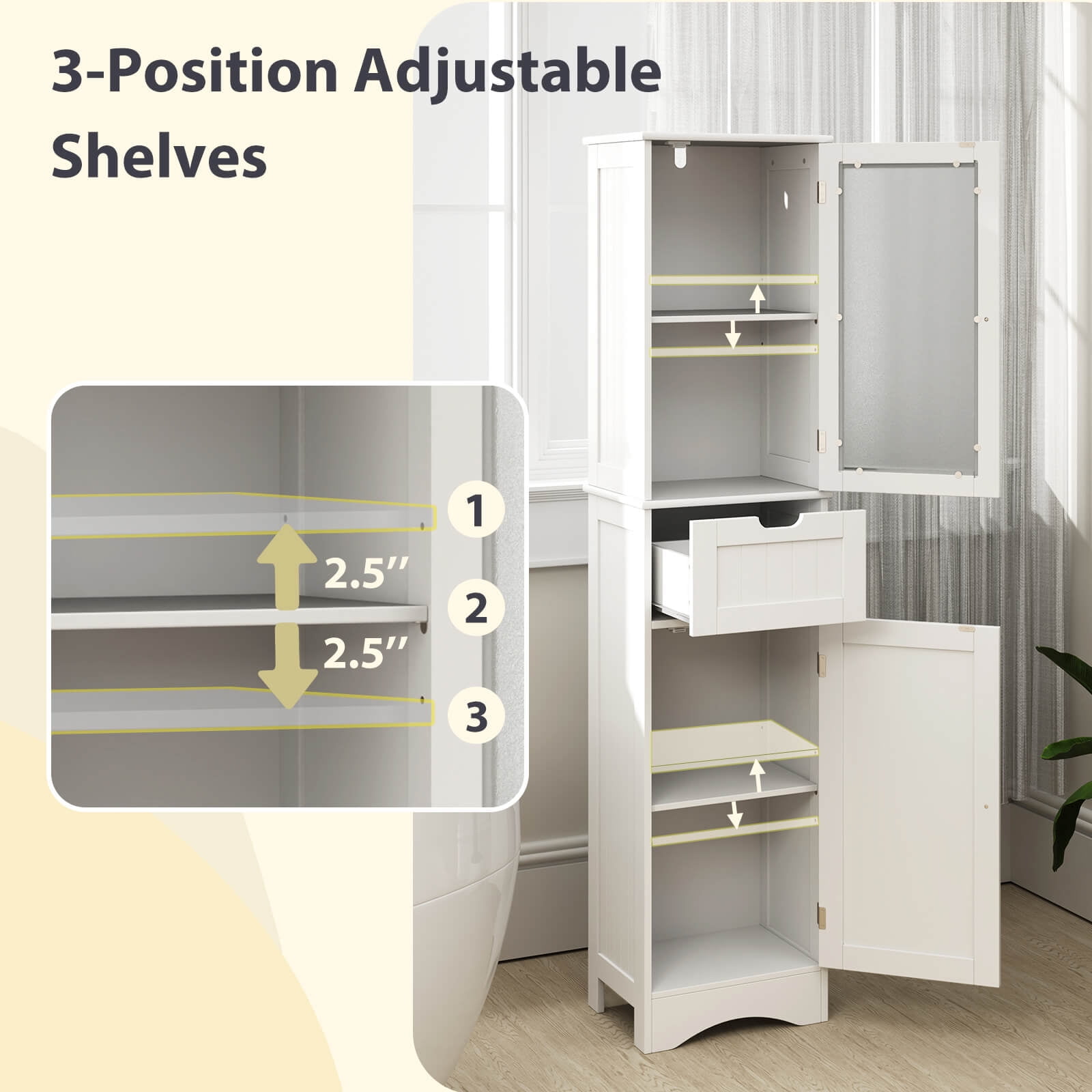 Costway 67" Tall Slim Bathroom Cabinet with 2 Adjustable Shelves 2 Doors and 1 Drawer White