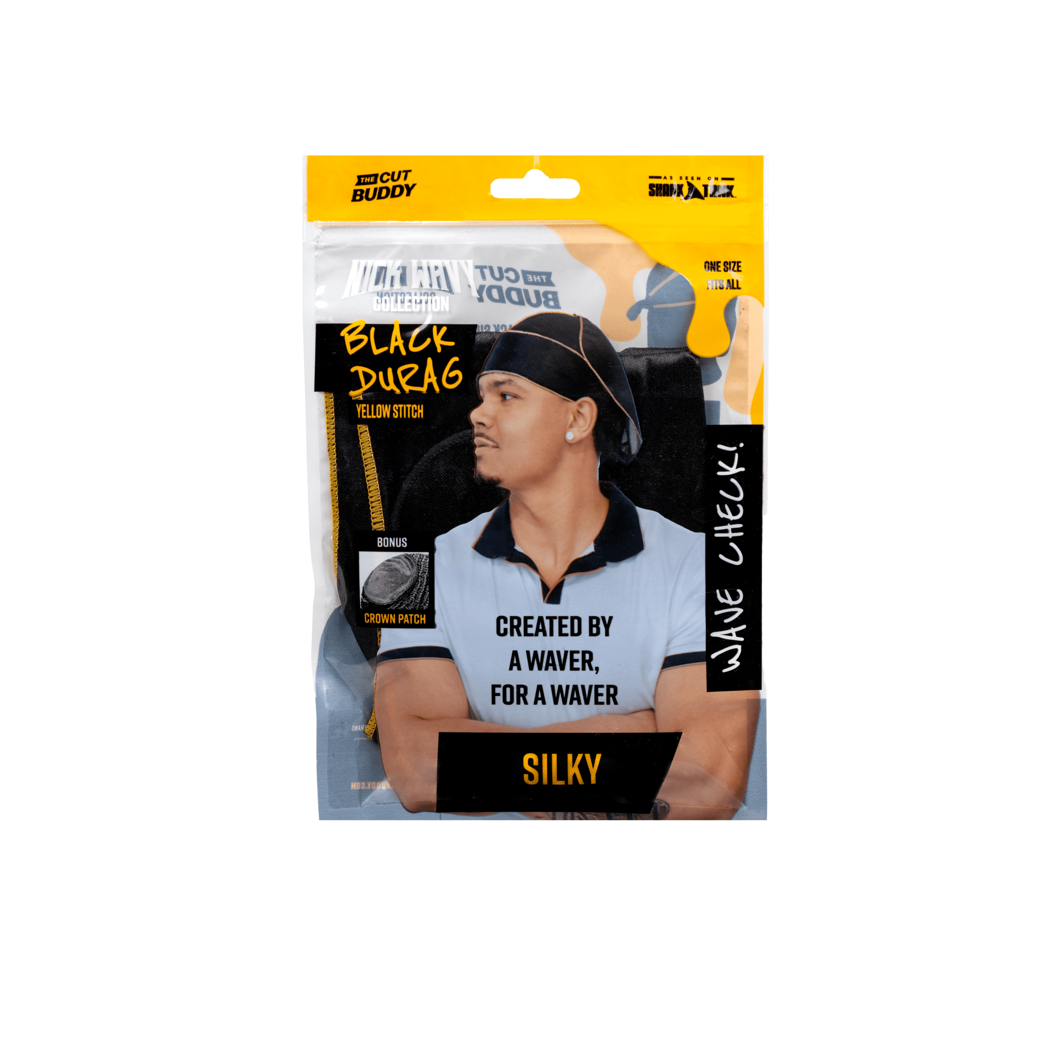 The Cut Buddy - Nick Wavy Collection - 360 Waves Silky Satin Durag Hair Cap for Men - Black/Yellow
