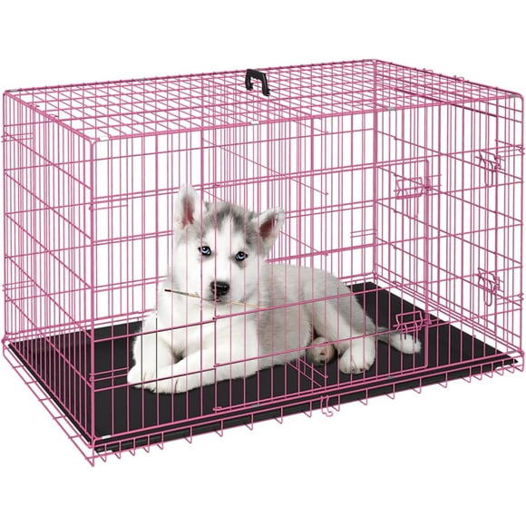 FDW Dog Crate for Small Dogs 24 Inch Folding Metal WirePet Cage Double Door WDivider Panel Indoor Outdoor Kennel Leak-Proof Plastic Tray, Pink