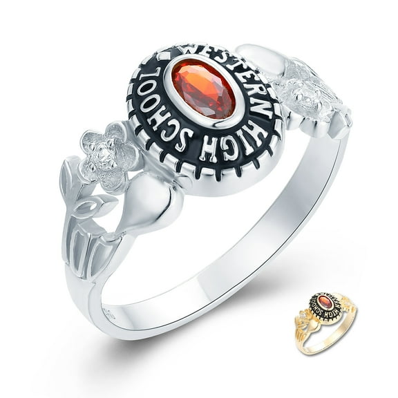 Mementos PJM Customized Women's Class Ring 10kt White Gold for High School and College-Petite Flower