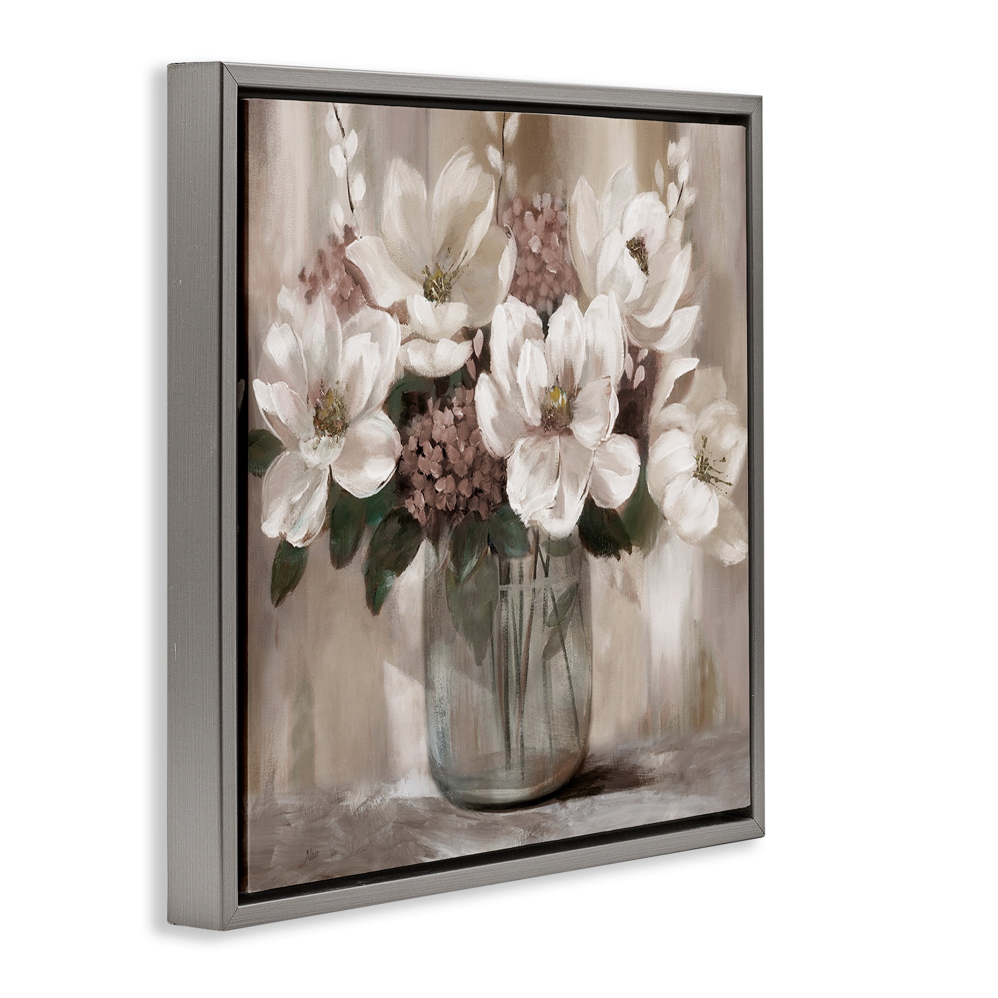 Stupell Industries Ivory Magnolias Vase Gray Framed Floater Canvas Wall Art, design by Nan