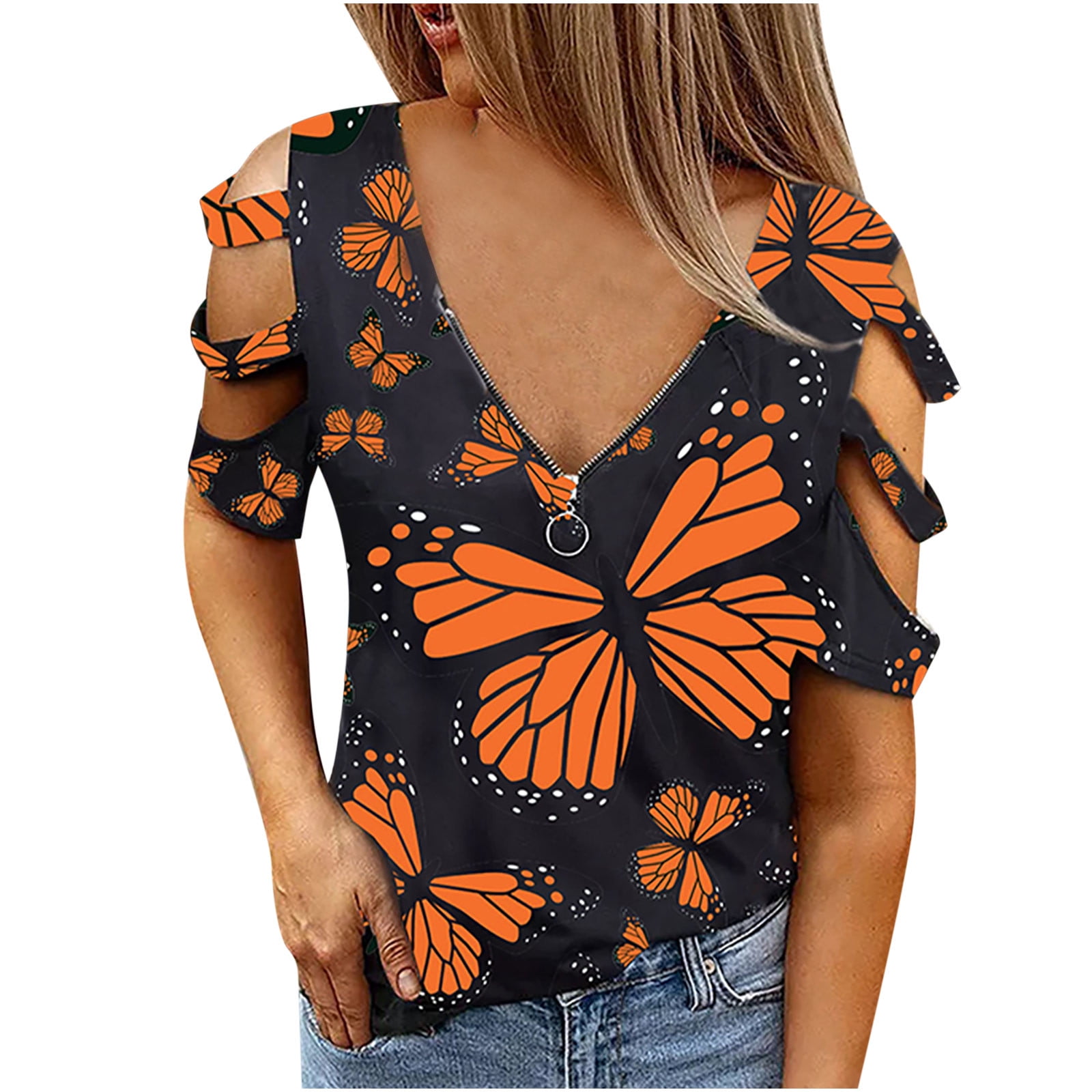 Women Printed Cold Shoulder T-shirt Blouse Ladies Short Sleeve Casual Tunic Tops 
