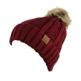 thumbnail image 3 of C.C Thick Cable Knit Faux Fuzzy Fur Pom Fleece Lined Skull Cap Cuff Beanie, Burgundy, 3 of 4