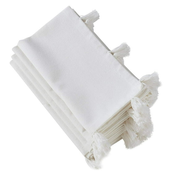 Holiday Christmas Decorative 100% Cotton Napkins with Tassel - Set of 4 (White)