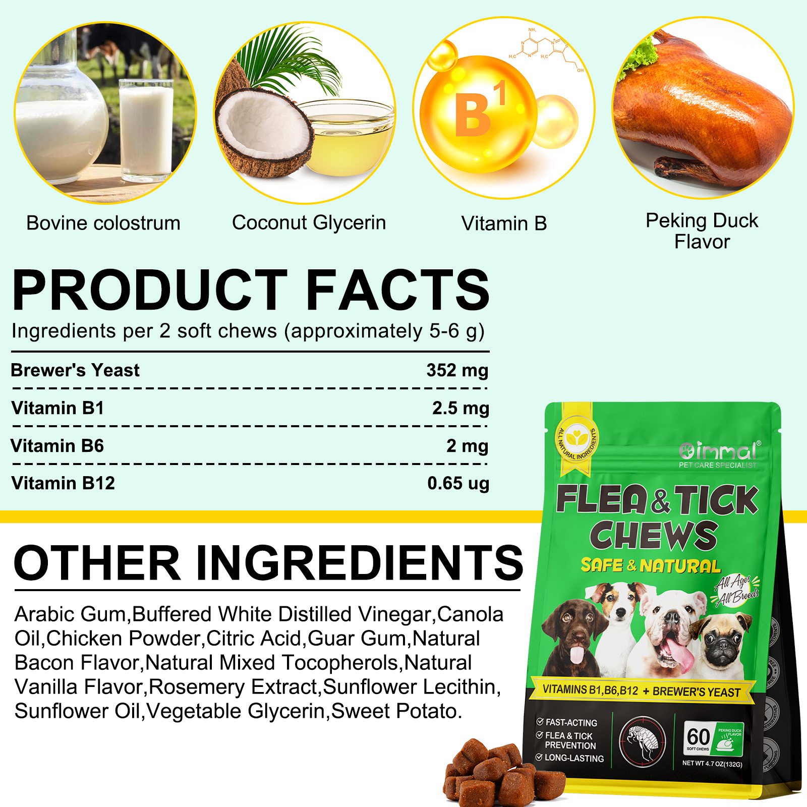 Oimmal Dog Digestive Care Chew Treats - 60 Soft Chews with Brewer's Yeast - All Natural Support for Dogs - Peking Duck Flavor 5Pack