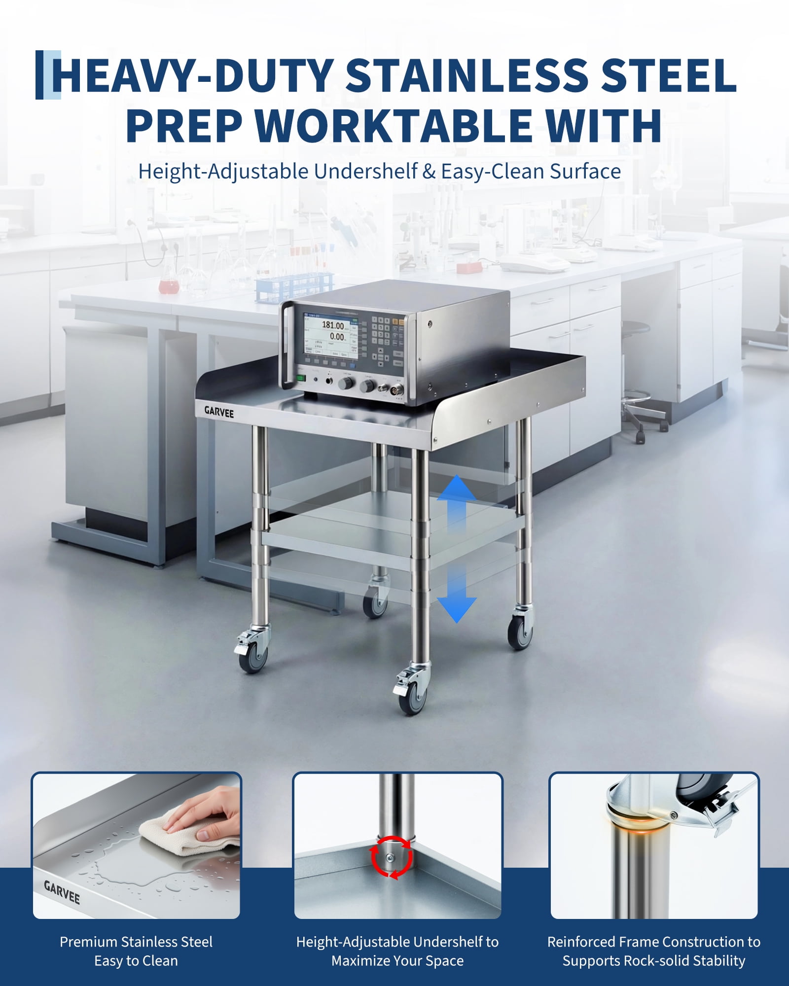 M optimized 24x30 Inch Stainless Steel Work Table with Wheels, Commercial Prep Table with Detachable 3-Sided Backsplash and Adjustable Shelf, Rolling Workbench for Kitchen Restaurant Garage