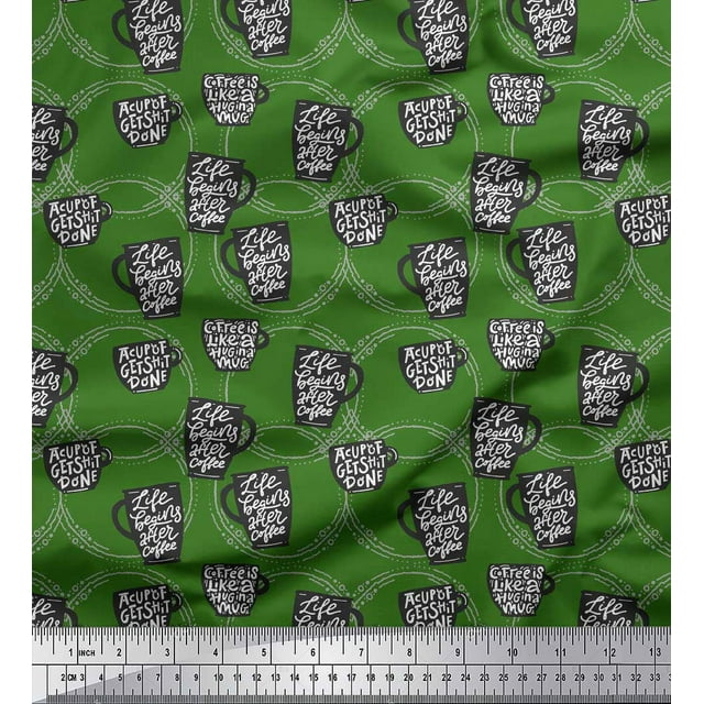 Soimoi Green Poly Georgette Fabric Life Begins After Coffee Text Print Sewing Fabric Yard 42 Inch Wide