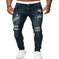 thumbnail image 1 of Men Ripped Holes Distressed Jeans Washed Zipper Tapered Leg Trousers, 1 of 5