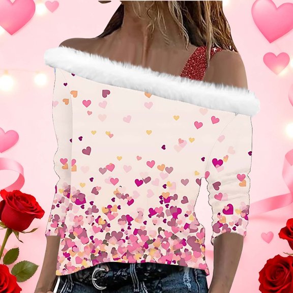 Wowcloth Women's Valentine Print Blouse with Collar, Long Sleeve Loose Fit Asymmetric Strap, Fashionable and Romantic for Date Night, Parties and Casual Wear