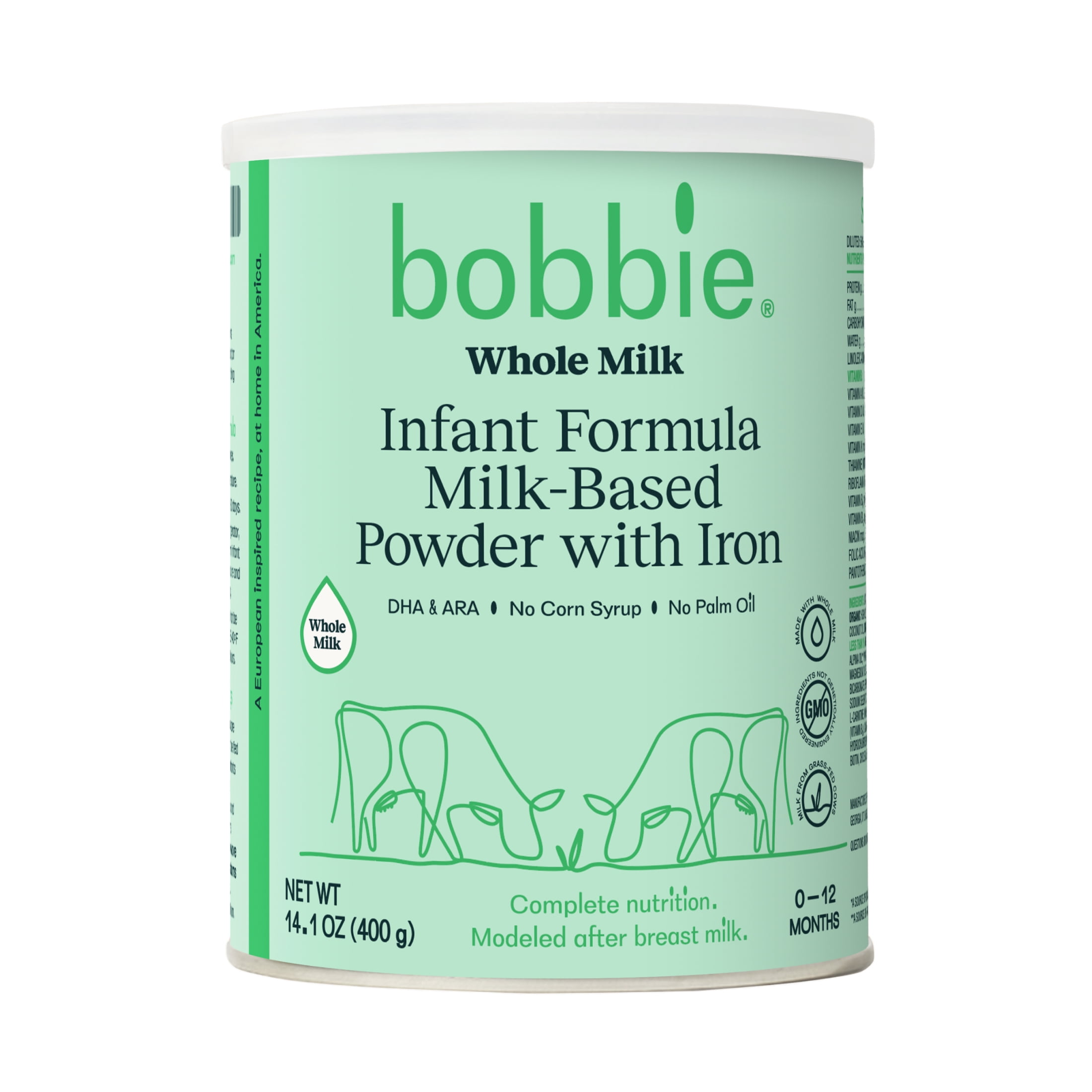 (4 pack) Bobbie Whole Milk Infant Formula for Everyday Feeding, Milk-Based Powder with 1.2mg Iron, Organic Grass-Fed Whole Milk Recipe, 14.1 oz Can