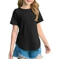 thumbnail image 2 of Girls Curve 𝗛em Short Sleeve Shirts Side Slit Crewneck Soft Casual Tops Lightweight Solid Tuni𝗰 Blouse for Kids, 2 of 5