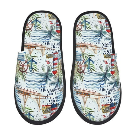 

Fuzoiu Watercolor Sailboat Print Unisex Furry Slippers Plush Indoor Shoes Trendy House Slippers Anti-Skid EVA Sole House Shoes for Home Office and Travel -Large