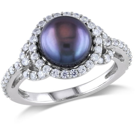 8.5-9mm Black Cultured Freshwater Pearl and 1 Carat T.G.W. CZ Sterling Silver Cocktail Ring