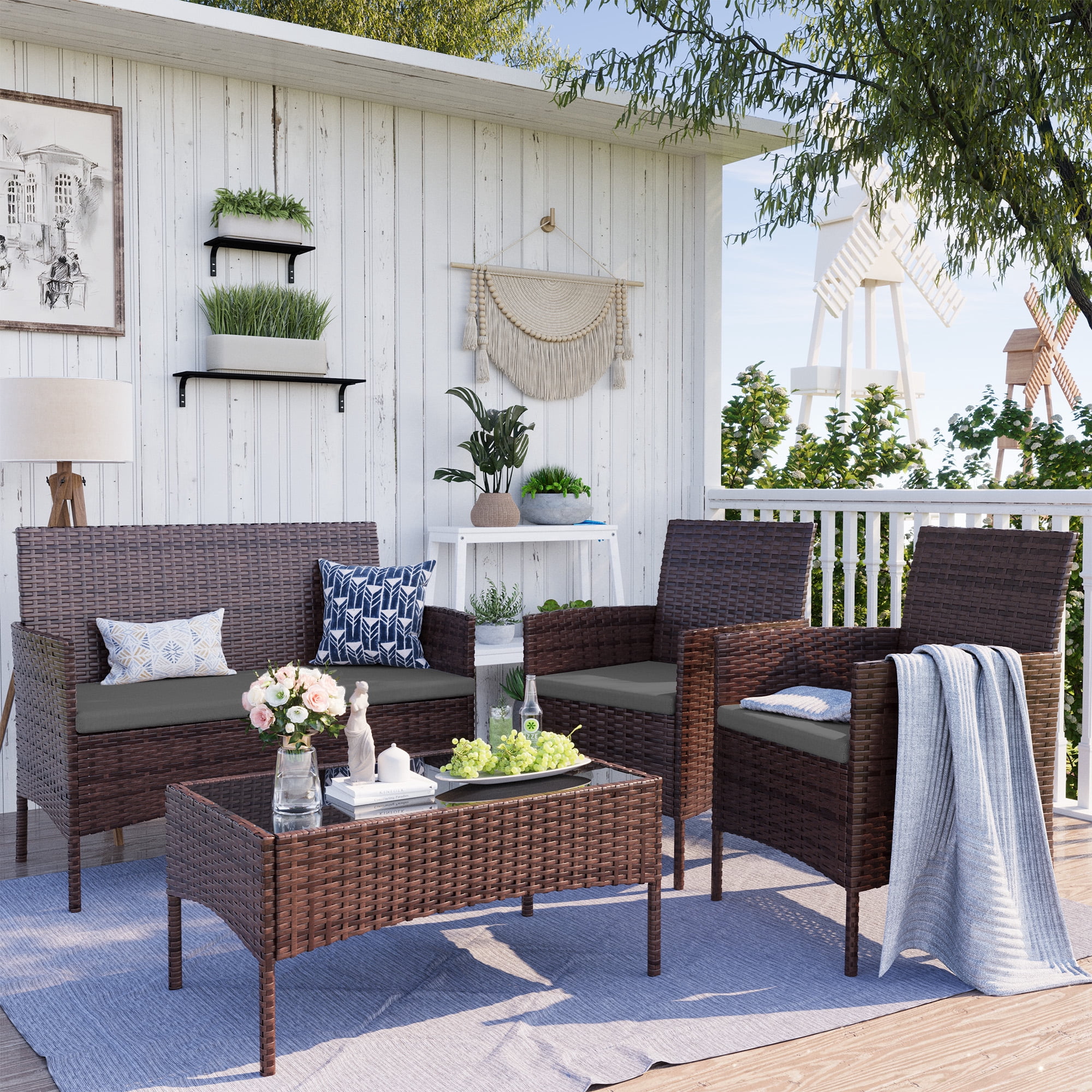 MRUAKA Patio Furniture Set 4 Pieces Porch Furniture Outdoor Modular Wicker Patio Sectional Conversation Furniture Set for Backyard,Porch,Garden,Poolside and Balcony(Grey)