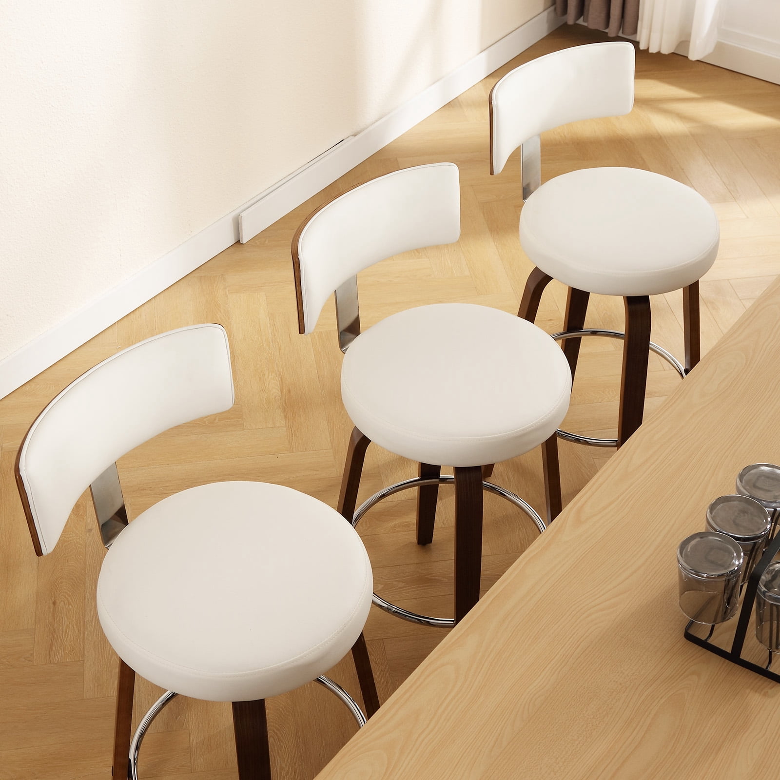 ANMINY Bar Stools Set of 3 360° Swivel with Back and Round Seat PU Leather Barstools 26" Bar Height Upholstered Bar Chairs Island Stools for Kitchen Counter