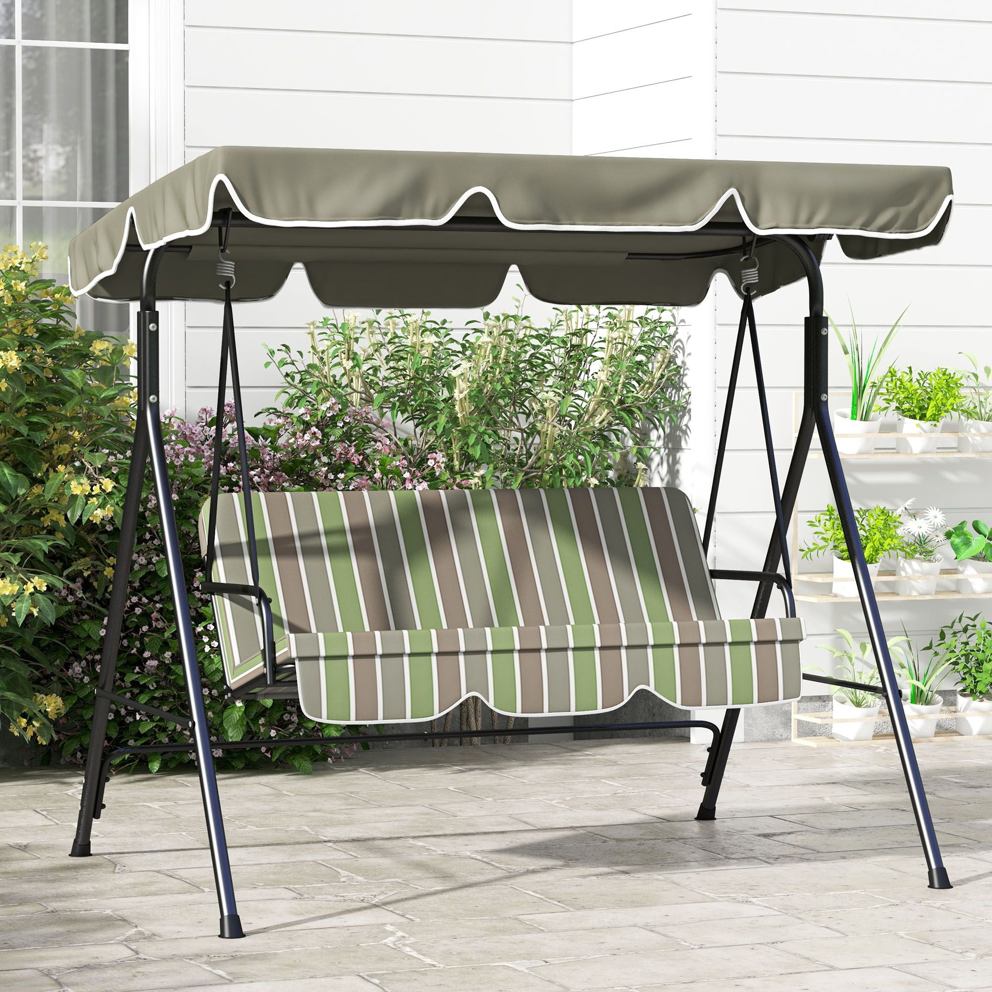 3 Person Outdoor Porch Swing with Stand & Adjustable Tilt Canopy, Cushioned Patio Swing Bench Heavy Duty A-Frame Steel Supports 594lbs for Backyard Poolside Balcony