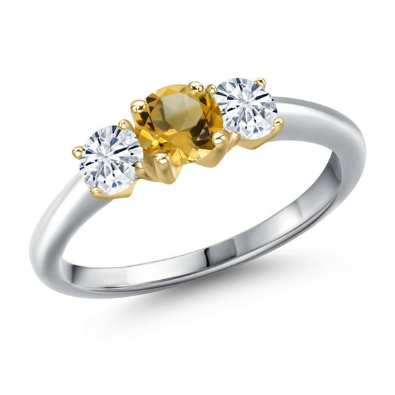 Gem Stone King 925 Silver and 10K Yellow Gold Yellow Citrine and White Moissanite Engagement Ring for Women | 0.91 Cttw | Round 5MM | Gemstone November Birthstone | Size 9
