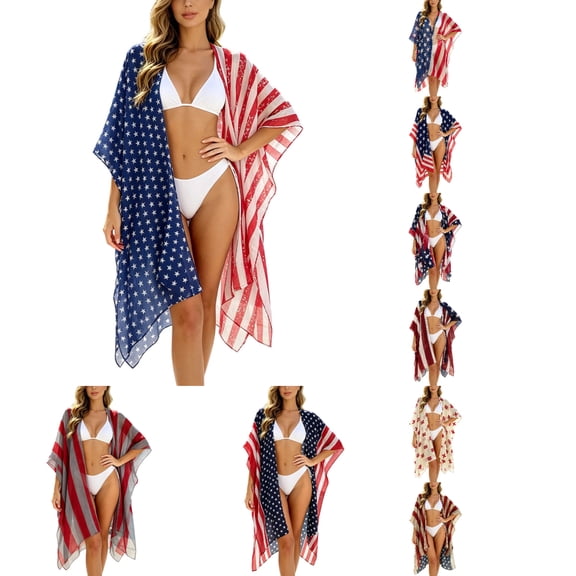 Heydday Women's American Flag Kimono Cover Up, 4th of July Patriotic Beachwear, Open Front Loose Cardigan Swimsuit Wrap (Blue/One Size)