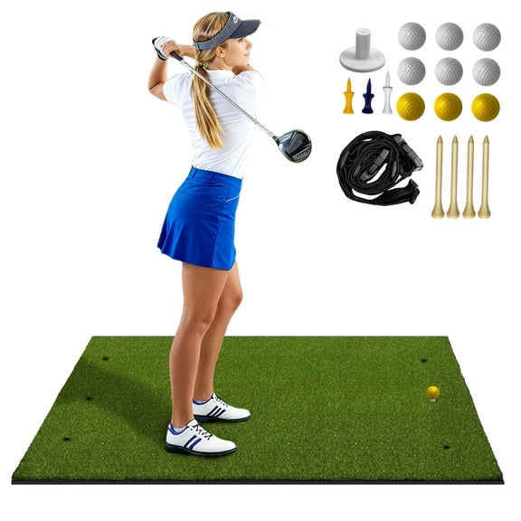 PRIJESSE 5x4ft Golf Hitting Mat with Realistic Feel, 26mm Thick Heavy-Duty Mat, 6 Rubber Tee Hole Design for Left & Right Handers, Includes Practice Balls & Tees, Indoor/Outdoor Use