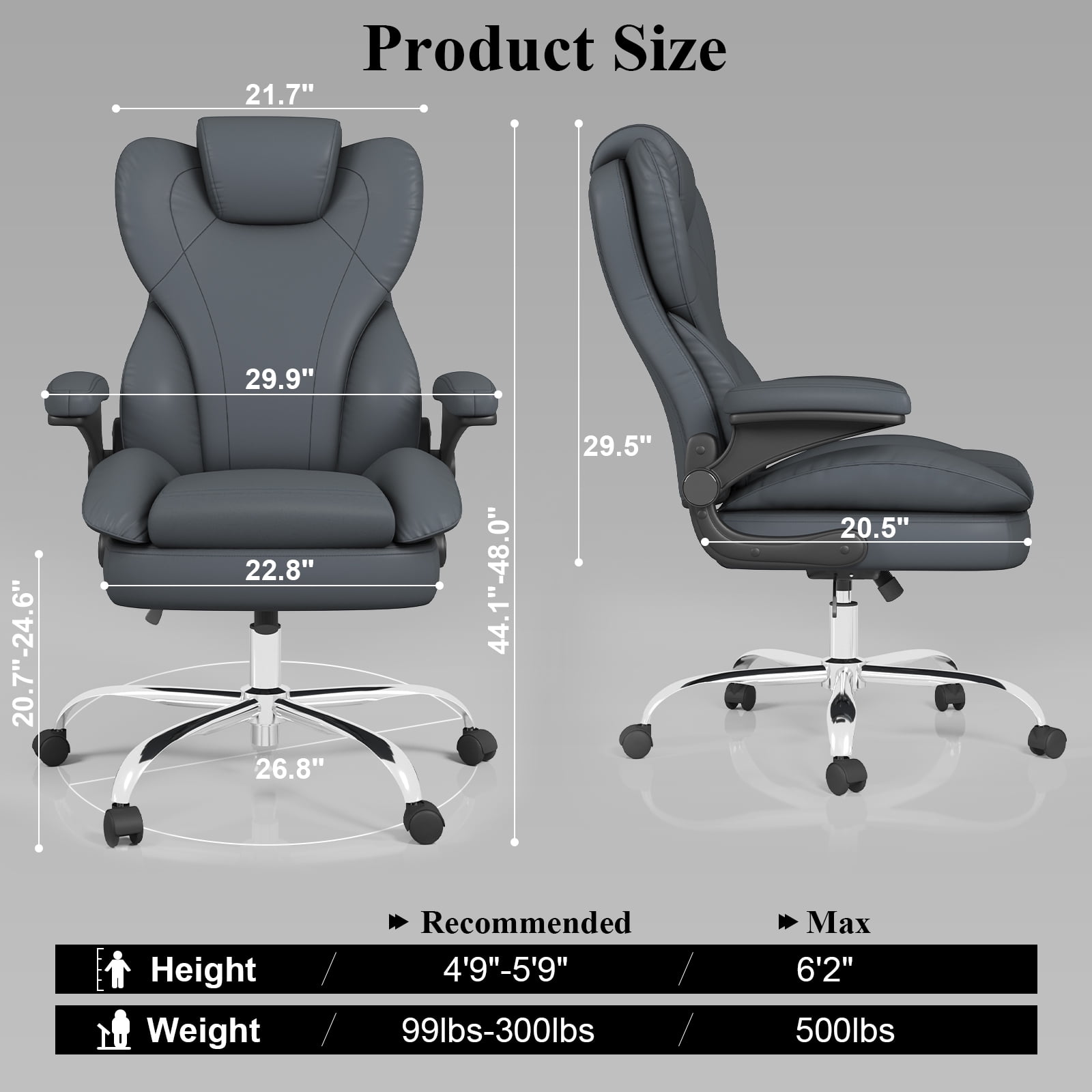 E-motie Home Office Chair with Flip-up Arms, Adjustable High Back Chair, Quiet Nylon Wheels, Grey