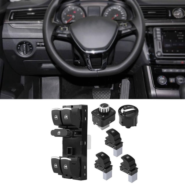 Qiilu 6 interruptores cromados para faros delanteros + interruptor de espejo retrovisor + kit de interruptor de ventana de puerta para Jetta MK5 MK Rabbit Passat B6 B7 TIGUAN EOTVIA No