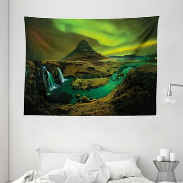 Northern Lights Tapestry, Pale Weather over the Hills with Waterfall Creek Nature Landscape, Wall Hanging for Bedroom Living Room Dorm Decor, 80W X 60L Inches, Fern and Olive green, by Ambesonne