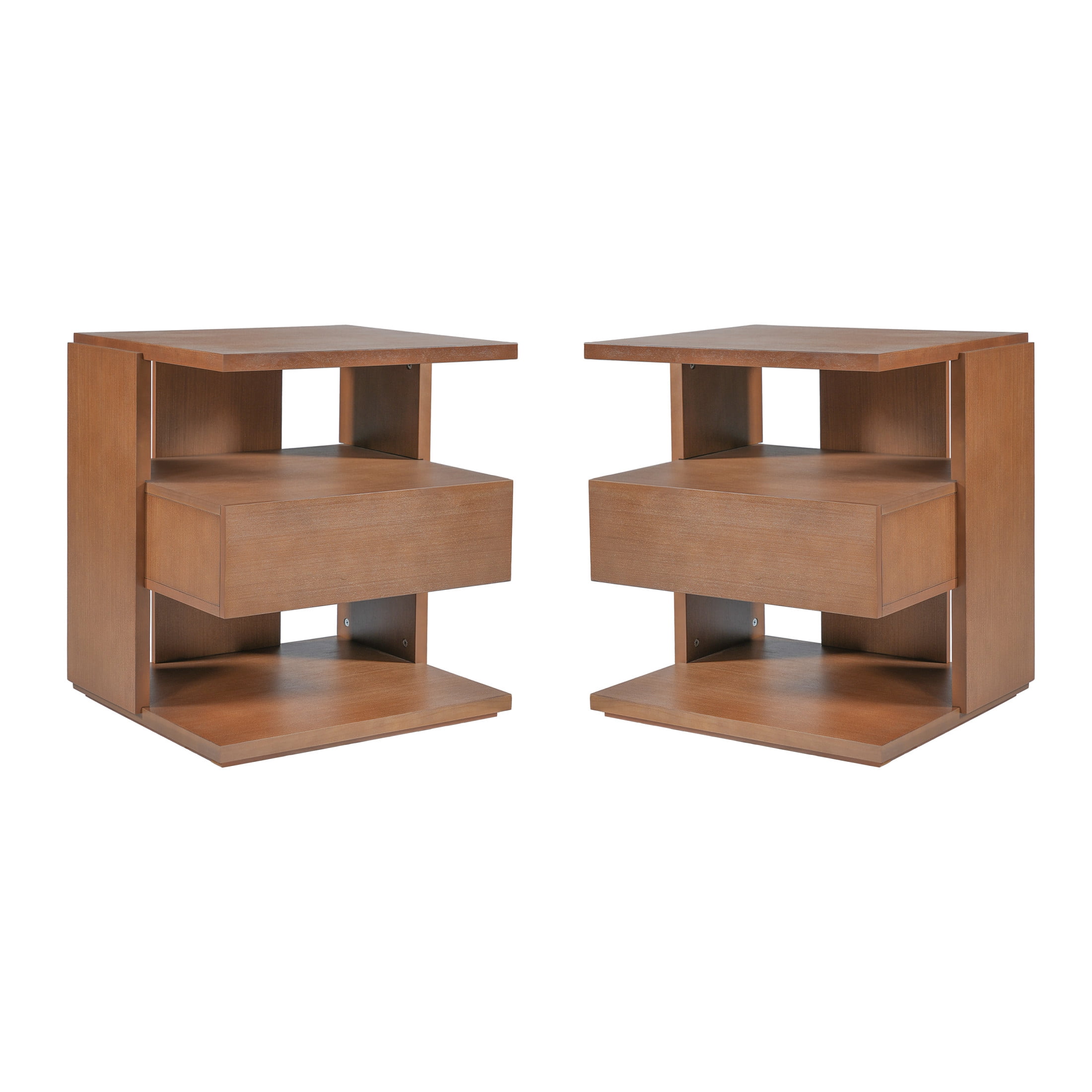 Christopher Knight Home Mid-Century Nightstand with Drawer, Unique C-Shaped Bedside Table, Brown, Set of 2