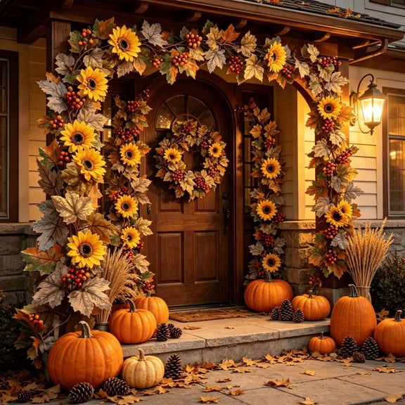Clearance! 200CM 6.6FT Thanksgiving Maple Berry Sunflower Garland, Artificial Autumn Greenery Vine, Festive Fall Mantel Wall Door Decor Artificial Greenery