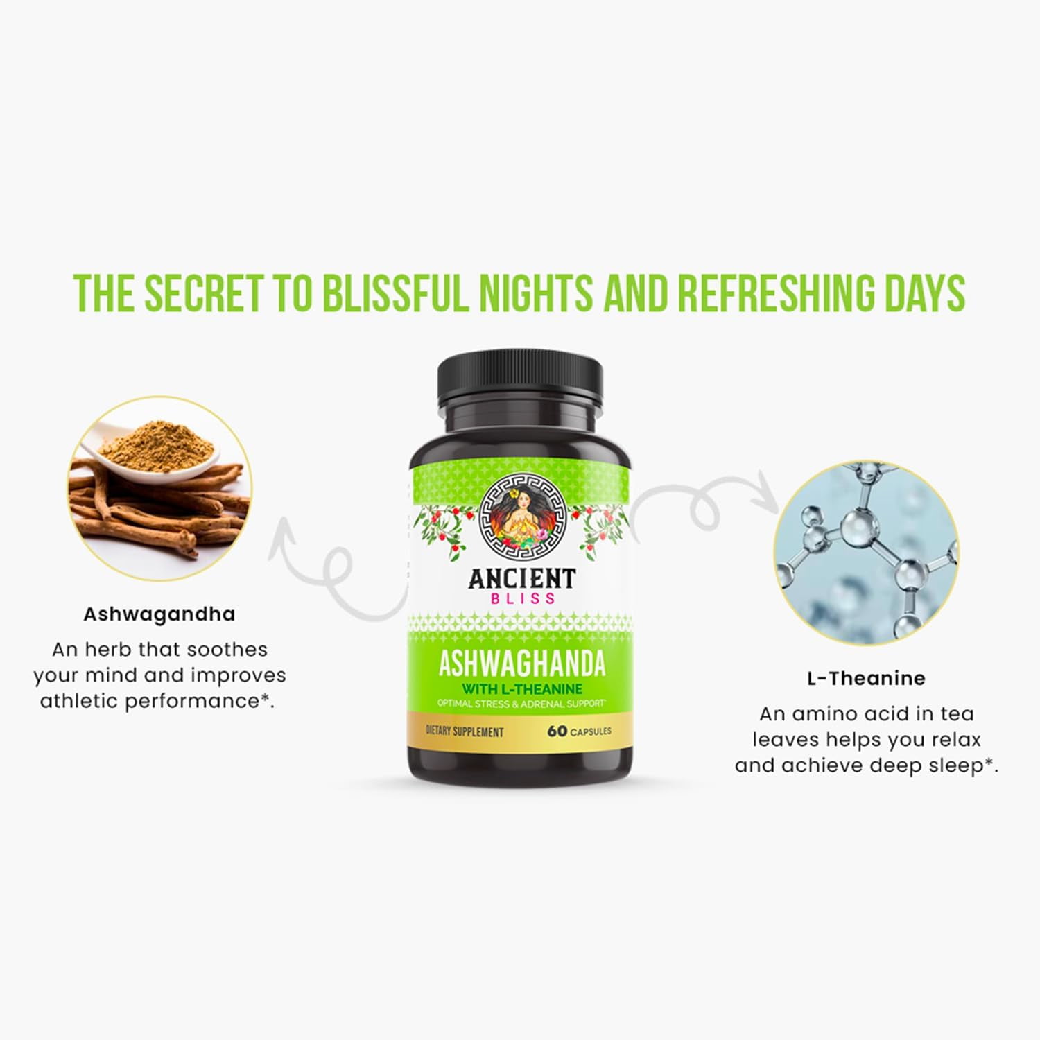 Ancient Bliss Ashwagandha with L-Theanine & Black Pepper Extract Capsules, Energy & Natural Mood Support Supplement, Focus Supplement for Adults