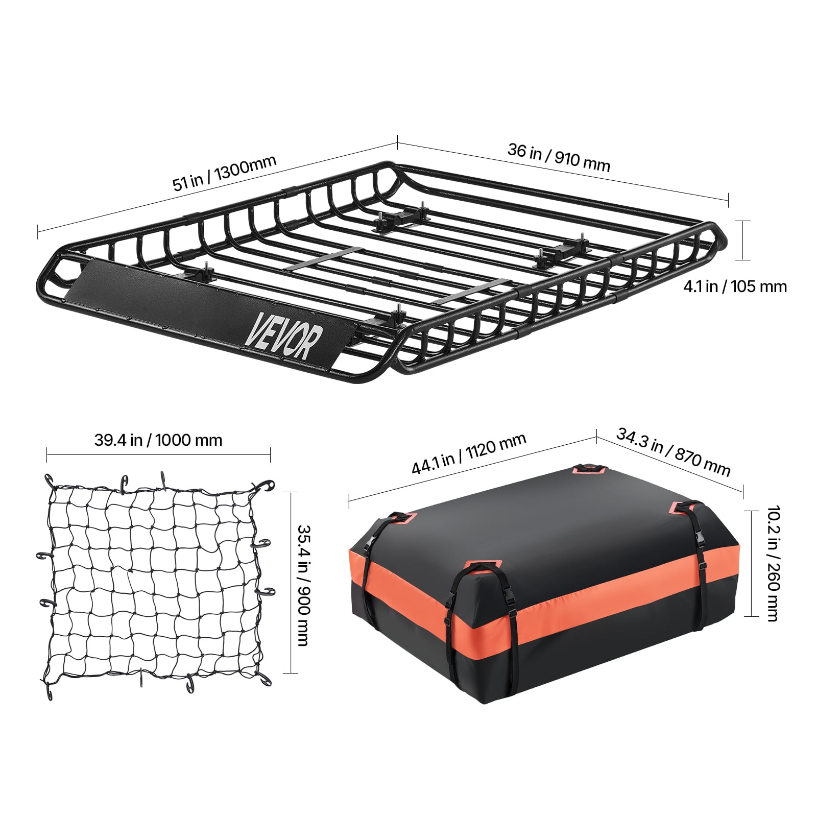 VEVOR Roof Rack Basket, 51 x 36 x 4.1 in, Universal Rooftop Cargo Carrier with 1120 x 870 x 260 mm Cargo Bag, Net, Ratchet Straps, 200 lbs Max Load Capacity Car Top Luggage Holder