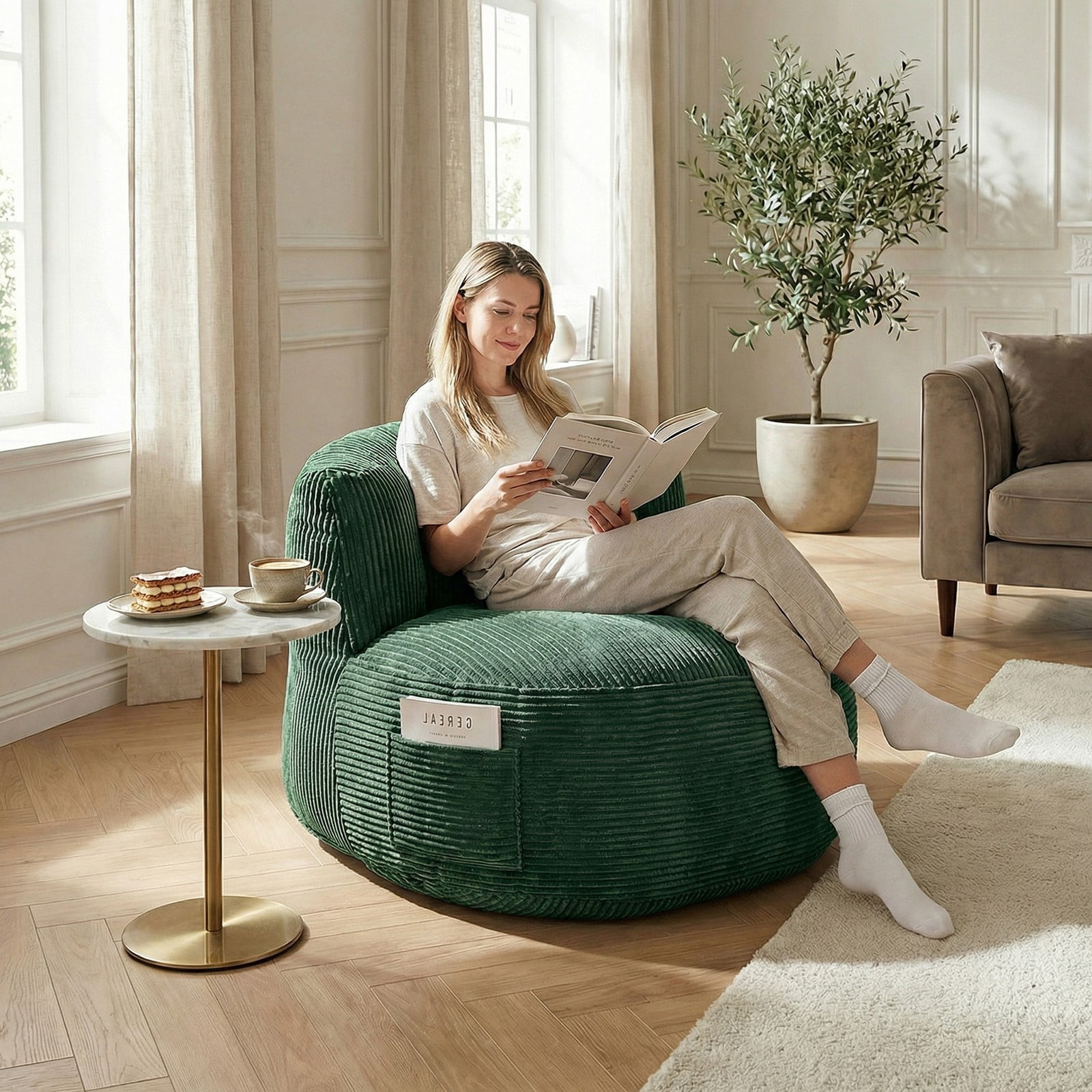 TOPCHANCES Large Bean Bag Chair for Adults, Crushed Foam Floor Chair with Storage Pocket & Carry Handle,  Indoor Lazy Lounger Sofa for Living Room Bedroom, Dark Green